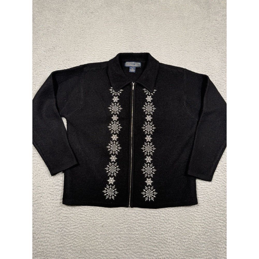 Vintage Herman Geist‎ 100% Wool Zip Sweater Cardigan Winter Snowflakes Black PL